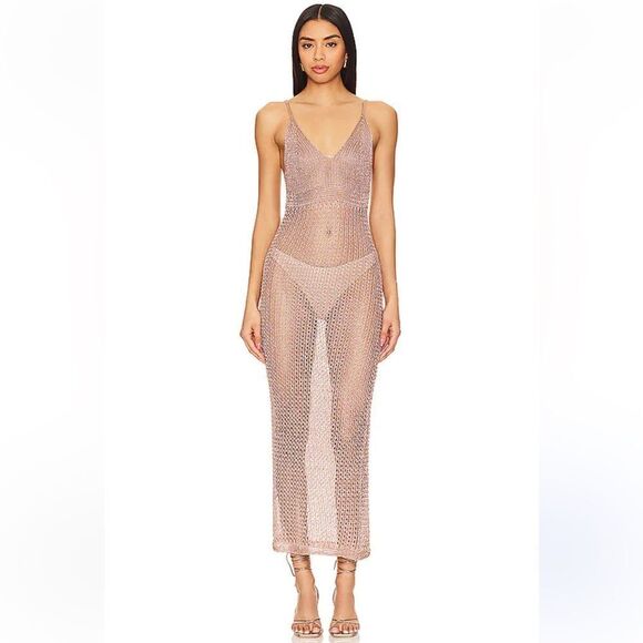 Superdown Darcie maxi dress gold metallic knit crochet resort swim Revolve M - Picture 1 of 12